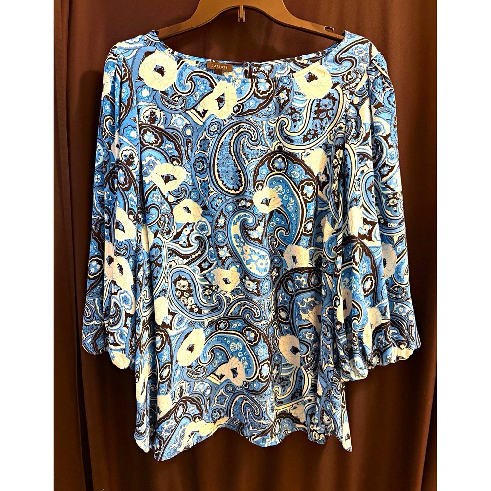 Talbots Women's Blouse L Blue Paisley Round Neck 3/4 Puff Sleeve Viscose